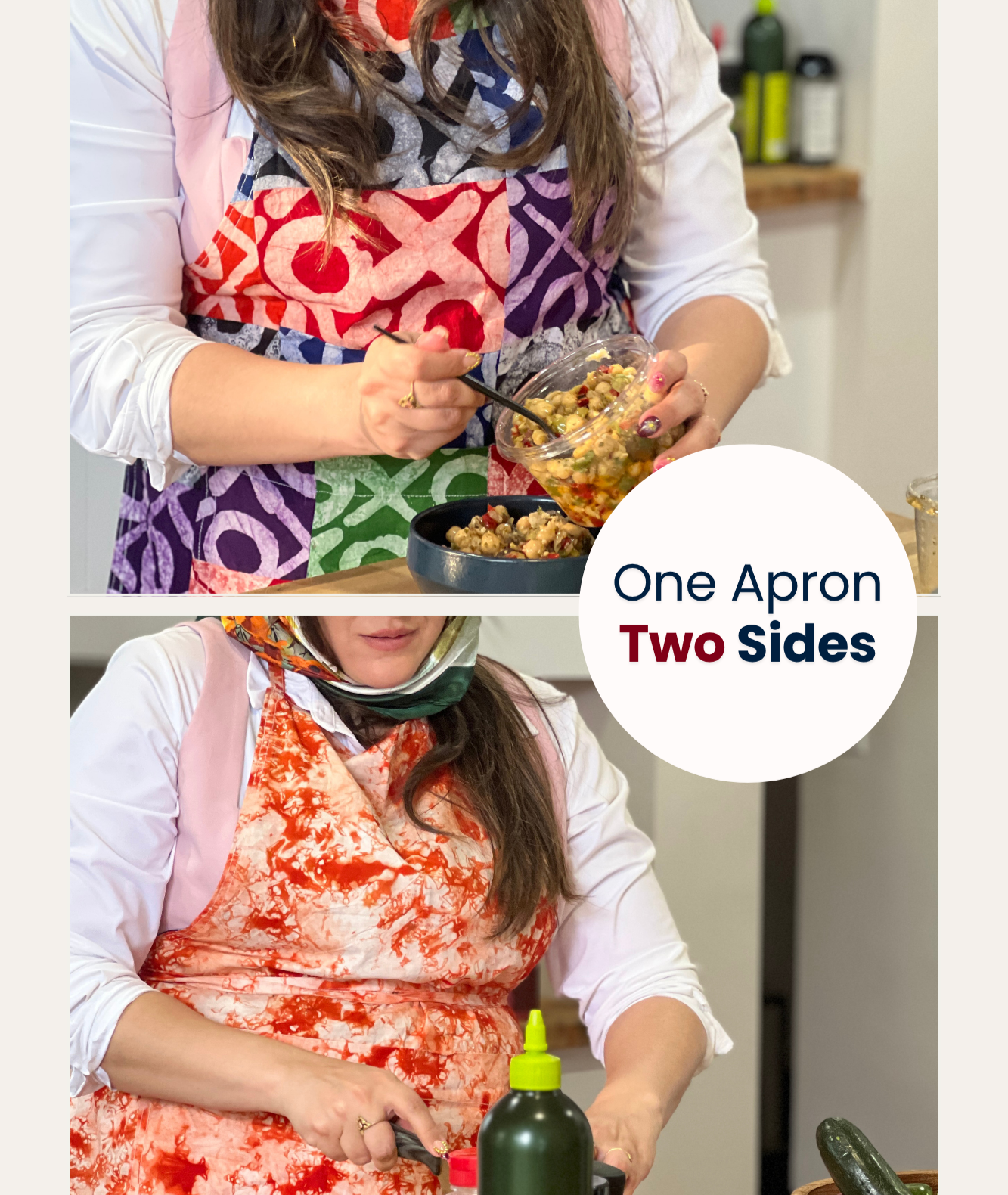 Collage of a woman wearing both sides of the Echo reversible apron while cooking—one side neutral, the other colorful—with overlaid text that reads: ‘One Apron. Two Sides.’
