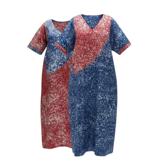 Crimson and Cobalt Reversible Batik Moomoo Kaftan Maxi Dress