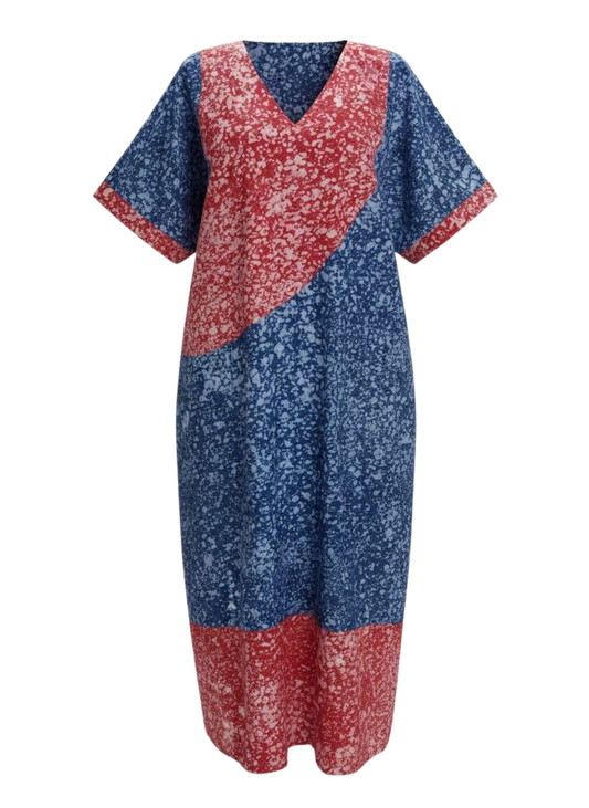 Red and Blue Batik Moomoo Kaftan Maxi Dress