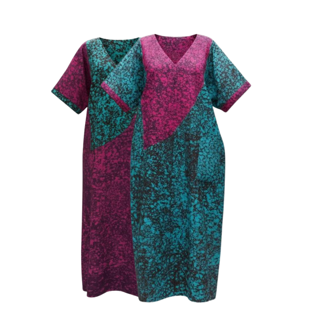 Teal and Magenta Reversible Batik Moomoo Kaftan Maxi Dress