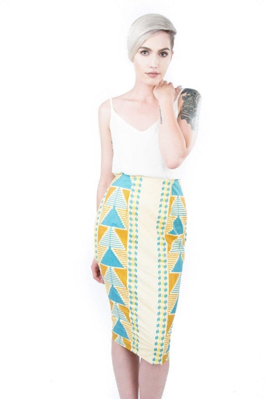 Awuraba(Lady) Tan, Gold, and, blue African kente ankara print midi length pencil skirt