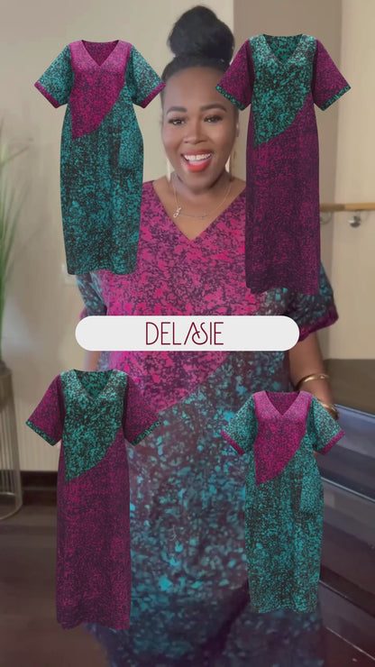 Teal and Magenta Reversible Batik Moomoo Kaftan Maxi Dress