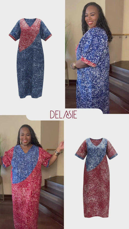 Crimson and Cobalt Reversible Batik Moomoo Kaftan Maxi Dress