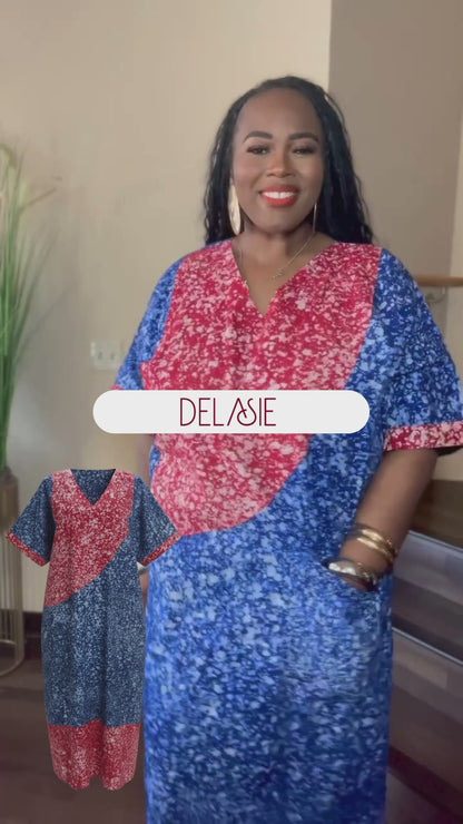 Red and Blue Batik Moomoo Kaftan Maxi Dress