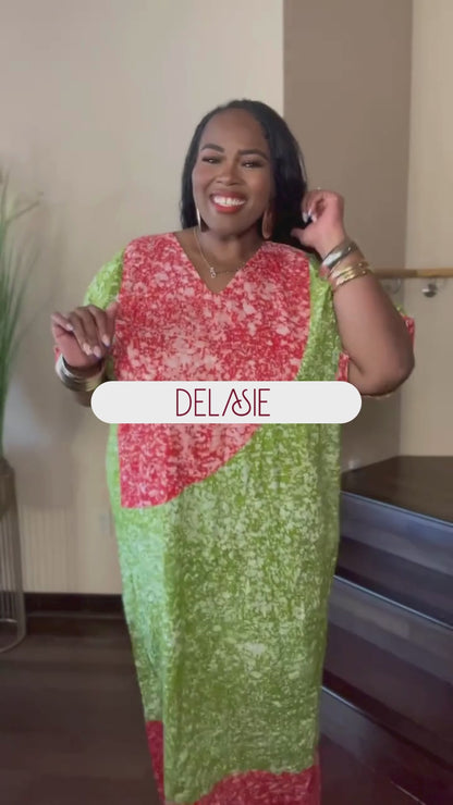 Green and Orange Batik Moomoo Kaftan Maxi Dress