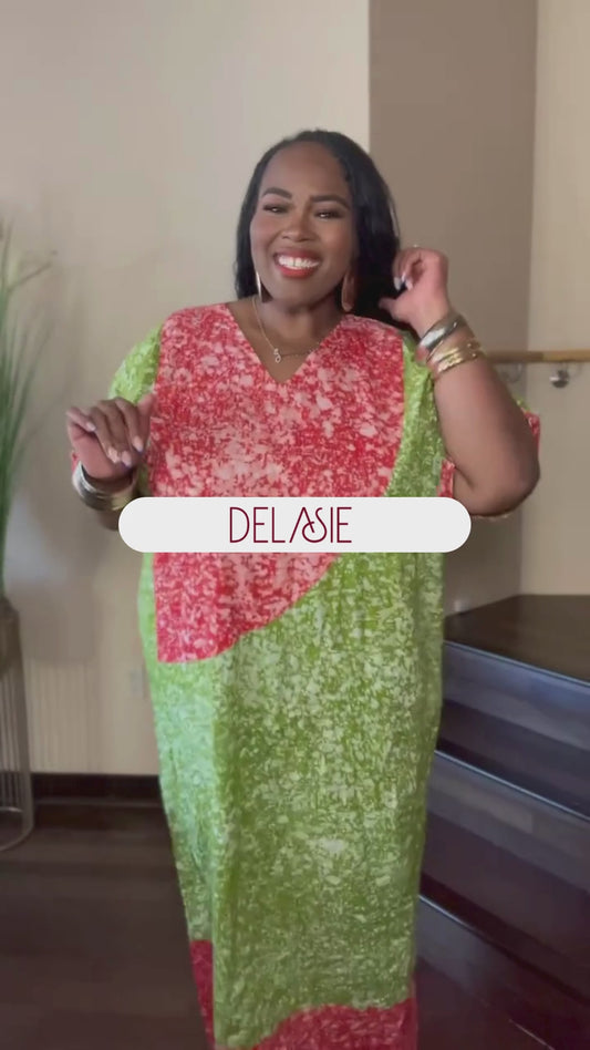 Green and Orange Batik Moomoo Kaftan Maxi Dress